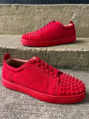 Christian Louboutin Men’s Louis Junior Spikes Loubi Red Suede Trainers EU43 US10